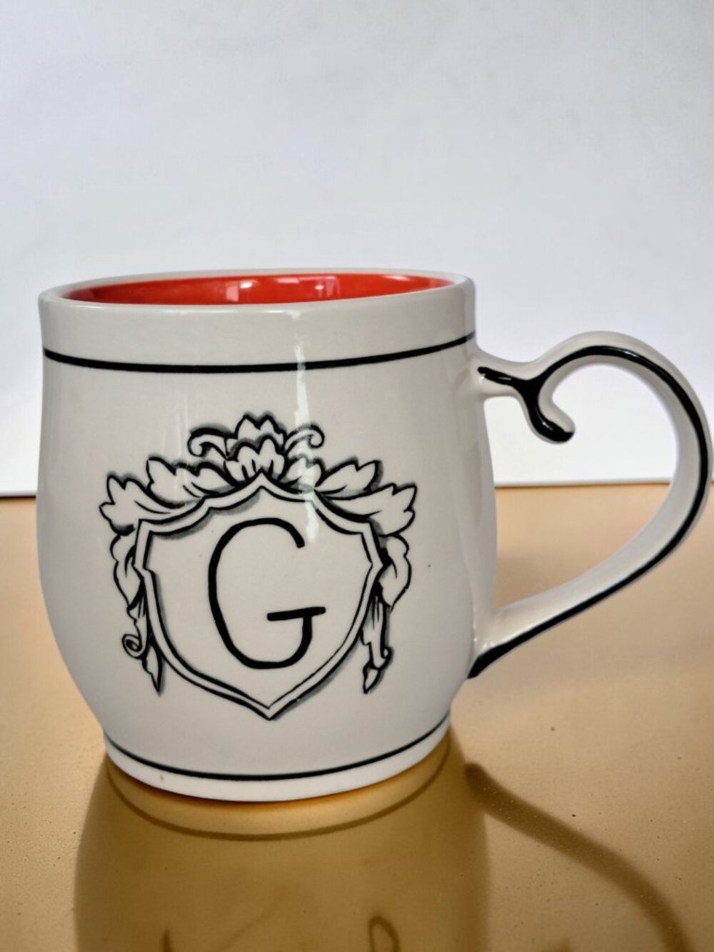 Anthropologie Molly Hatch Mug Monogram G Coffee White Orange Swirl Initial Mug